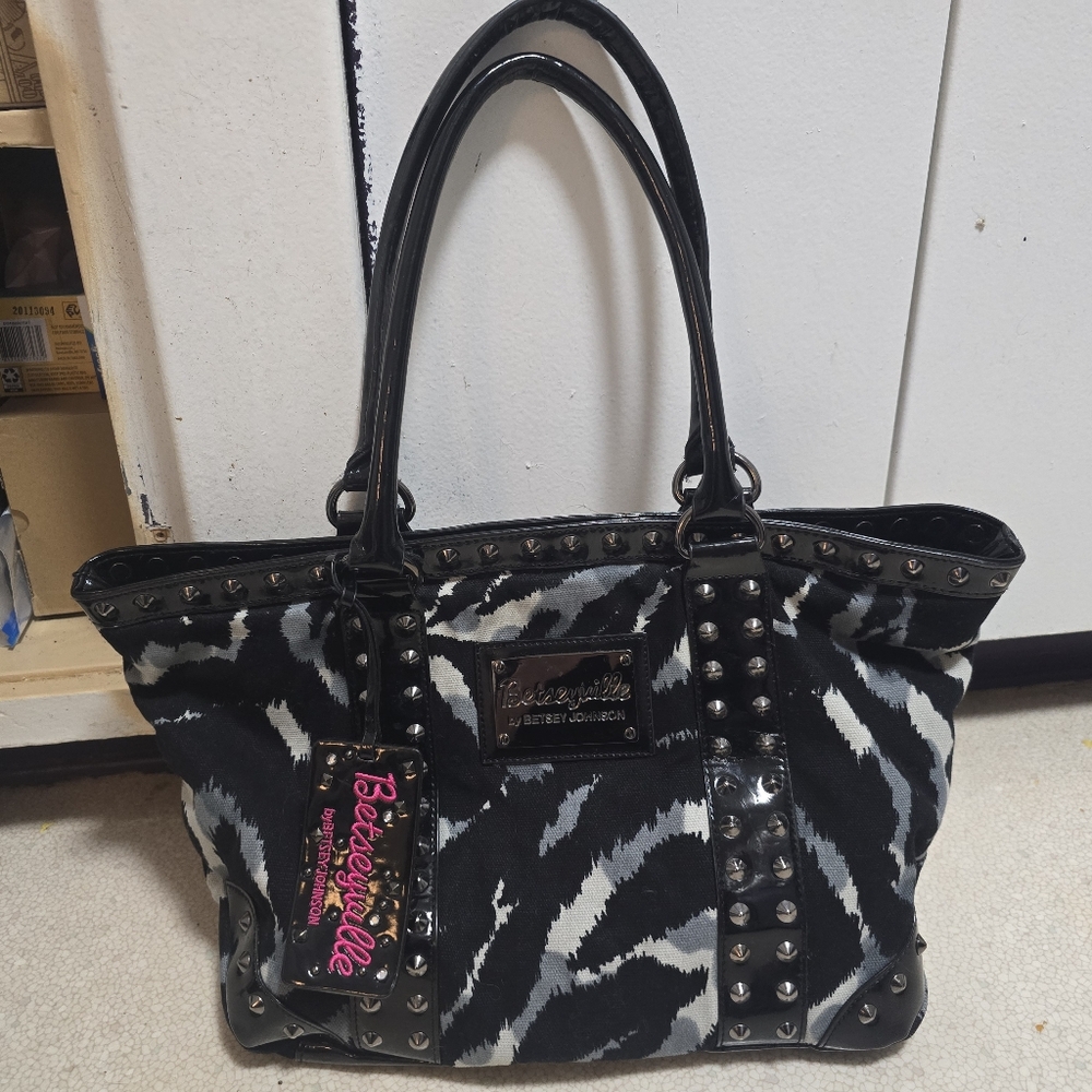 Betseyville- Black and Grey Zebra print with vinyl and stud accent- shoulder bag